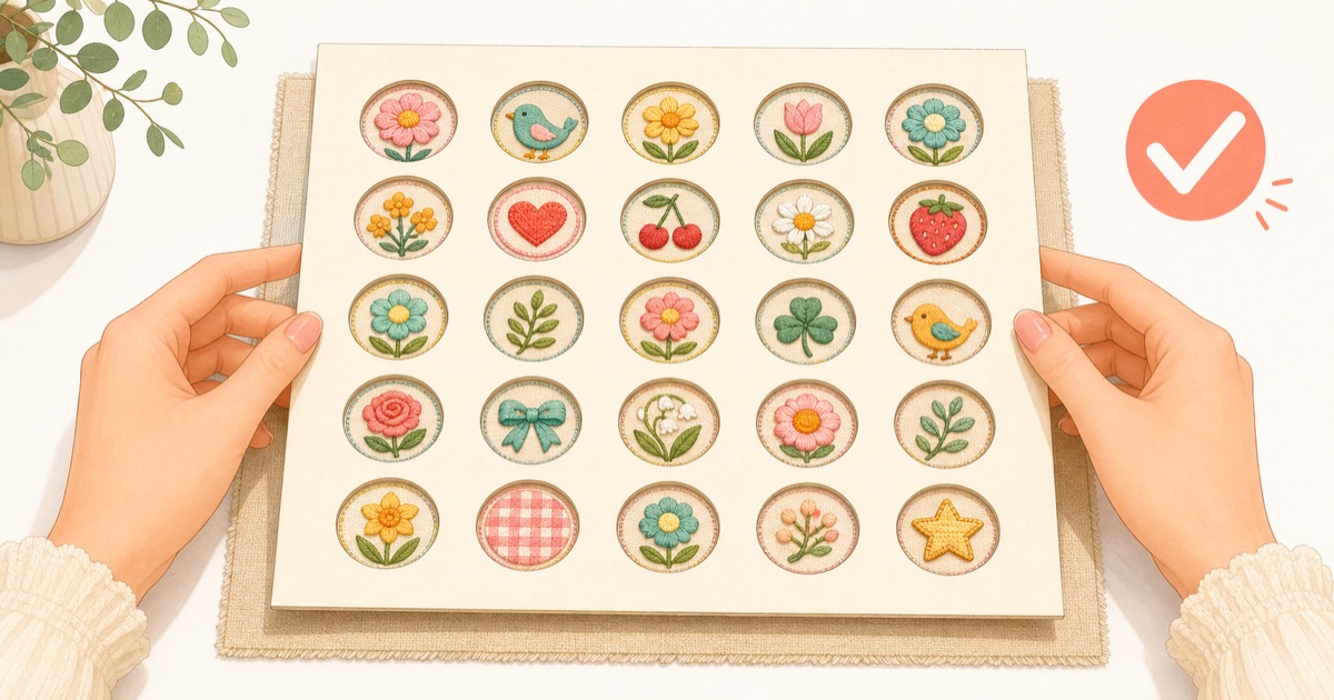 穴の開いた紙を重ねて、全部の窓から刺繍が中央に見えるかチェック(イメージ)